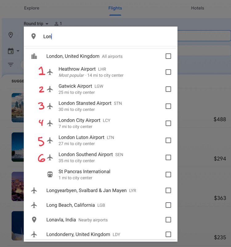 Google Flights Screenshot of London Airports