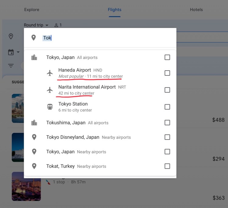 Google Flights Screenshot of Tokyo Airports