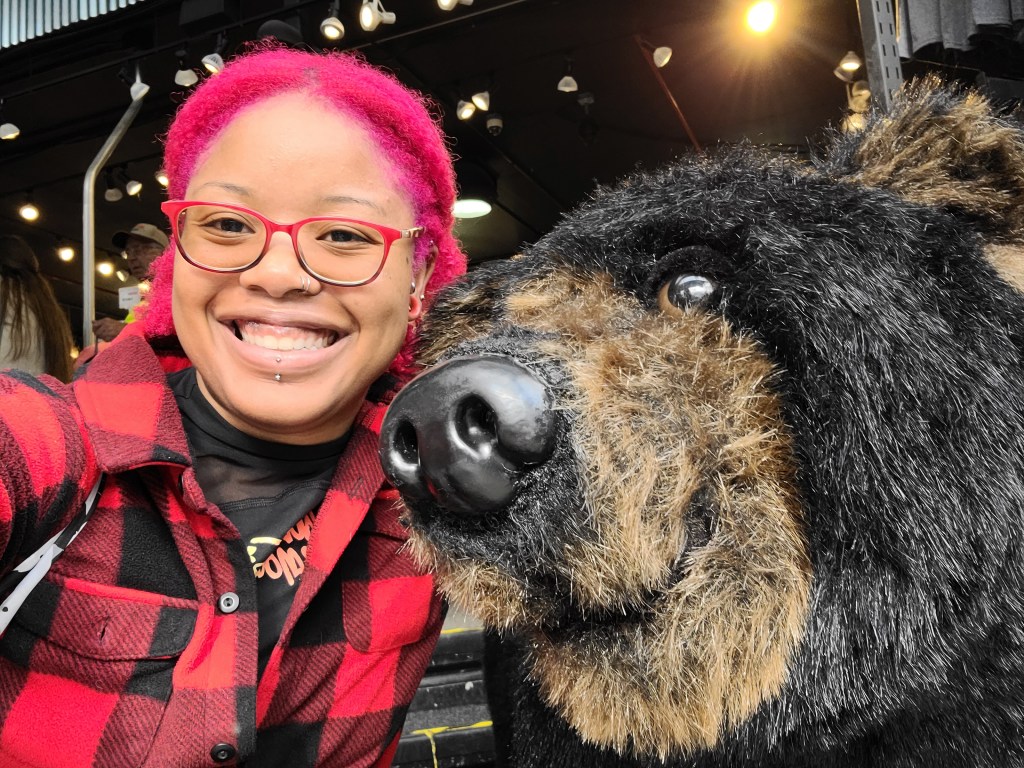 Tea next to a stuffed bear in Alaska